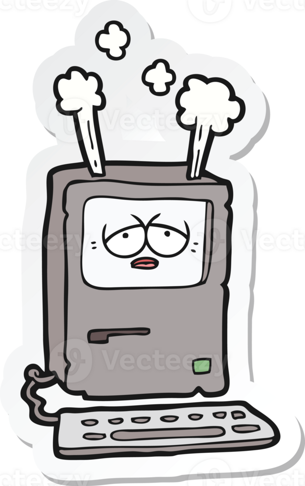 sticker of a cartoon tired computer overheating png