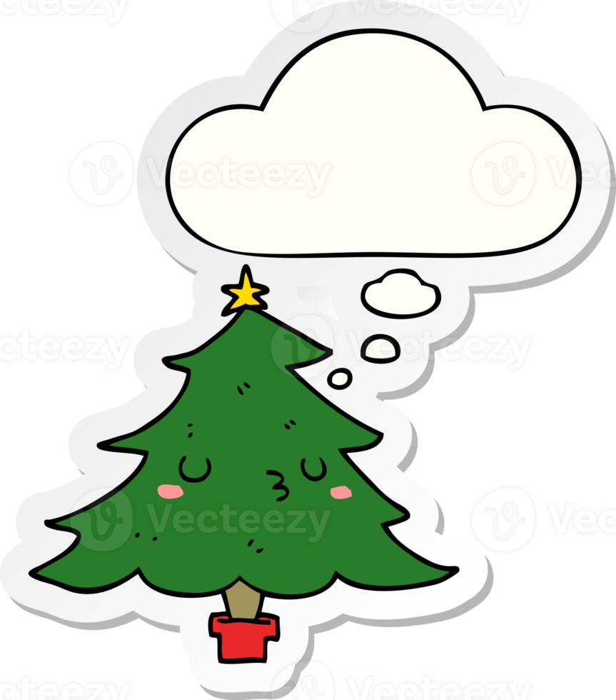 cute cartoon christmas tree with thought bubble as a printed sticker png