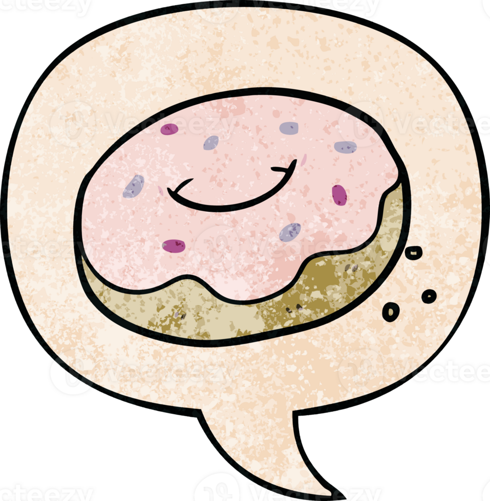 cartoon donut with sprinkles with speech bubble in retro texture style png
