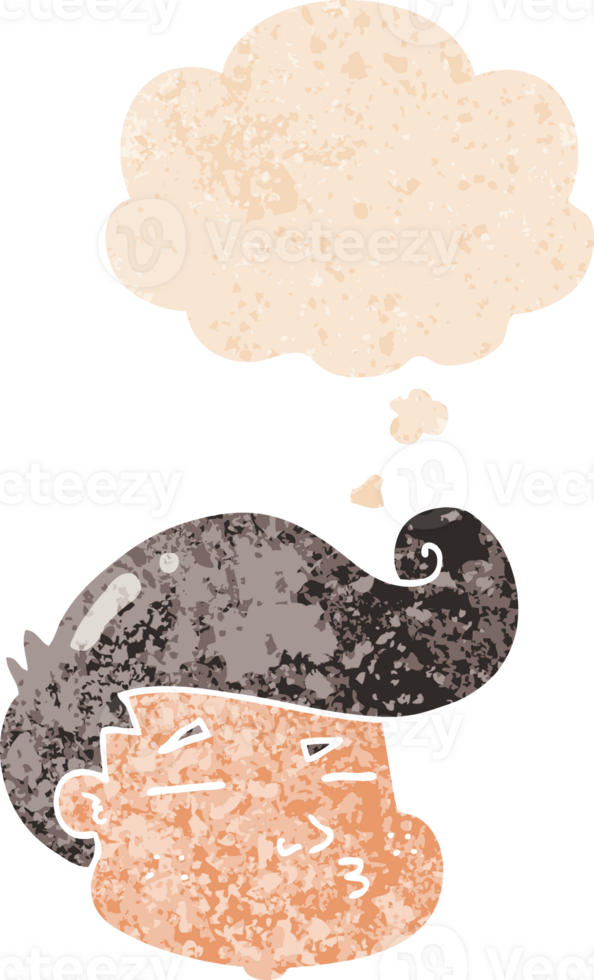 cartoon boy's face with thought bubble in grunge distressed retro textured style png