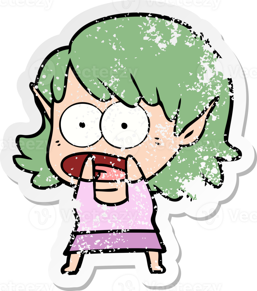distressed sticker of a cartoon shocked elf girl png
