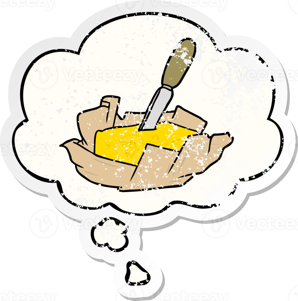 cartoon butter with thought bubble as a distressed worn sticker png