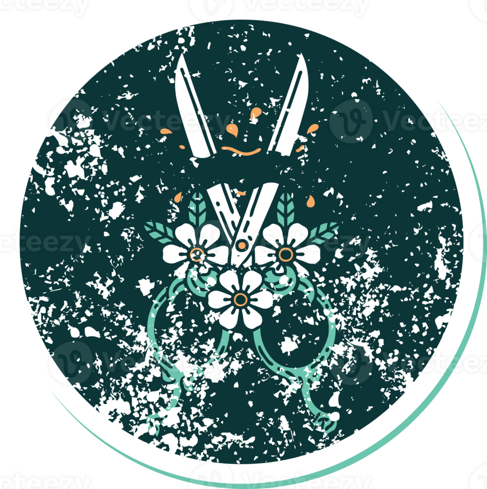 iconic distressed sticker tattoo style image of barber scissors and flowers png