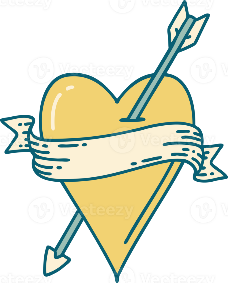 iconic tattoo style image of an arrow heart and banner png