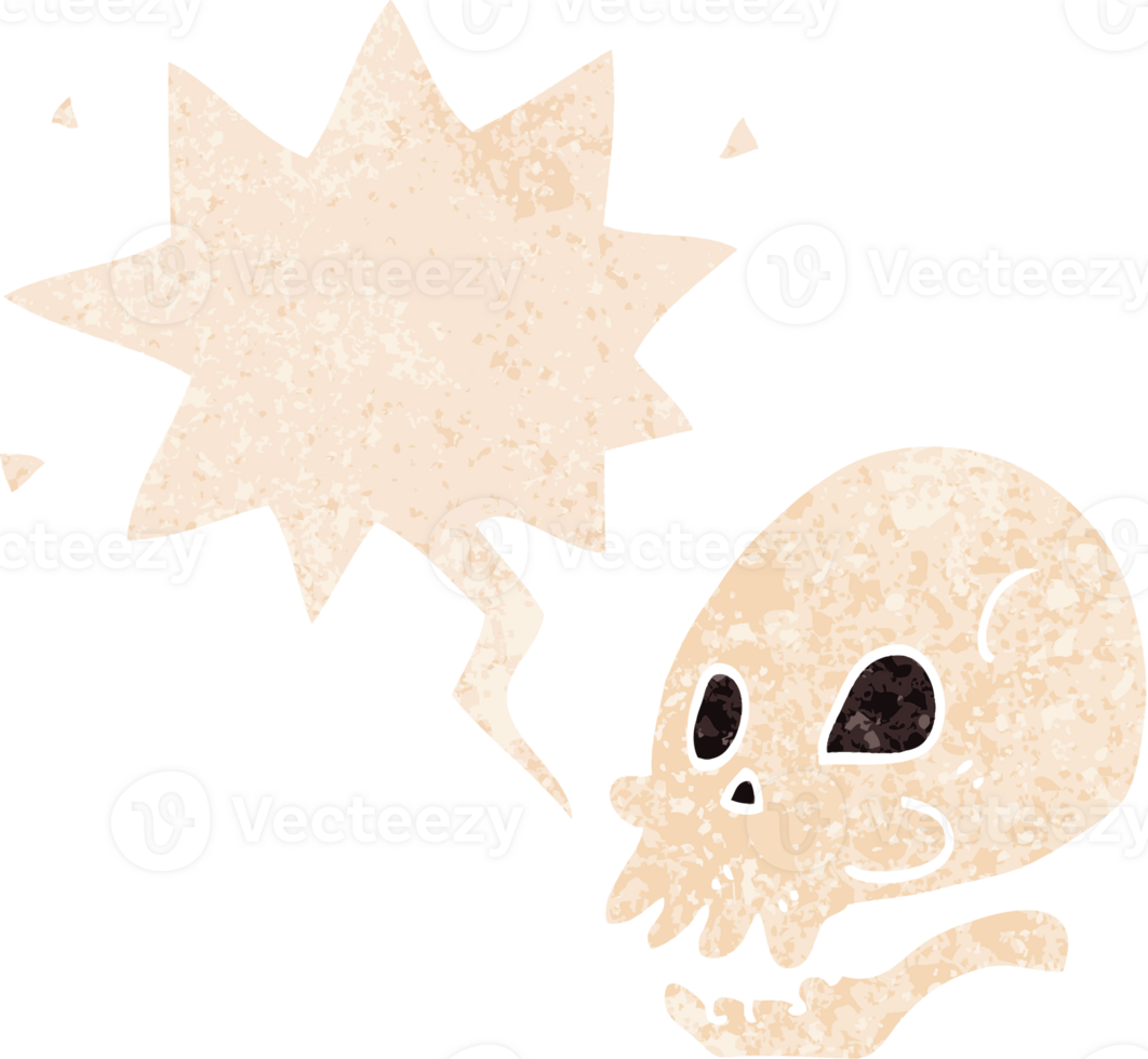 cartoon skull with speech bubble in grunge distressed retro textured style png