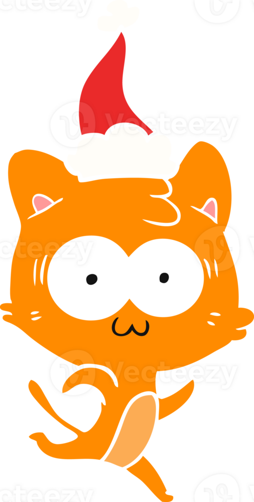 hand drawn flat color illustration of a surprised cat running wearing santa hat png