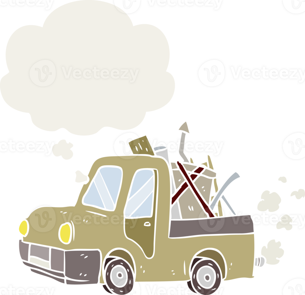 cartoon old truck with thought bubble in retro style png