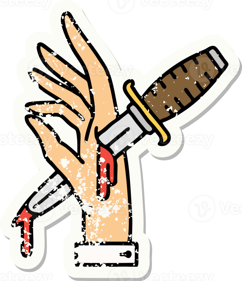distressed sticker tattoo in traditional style of a dagger in the hand png