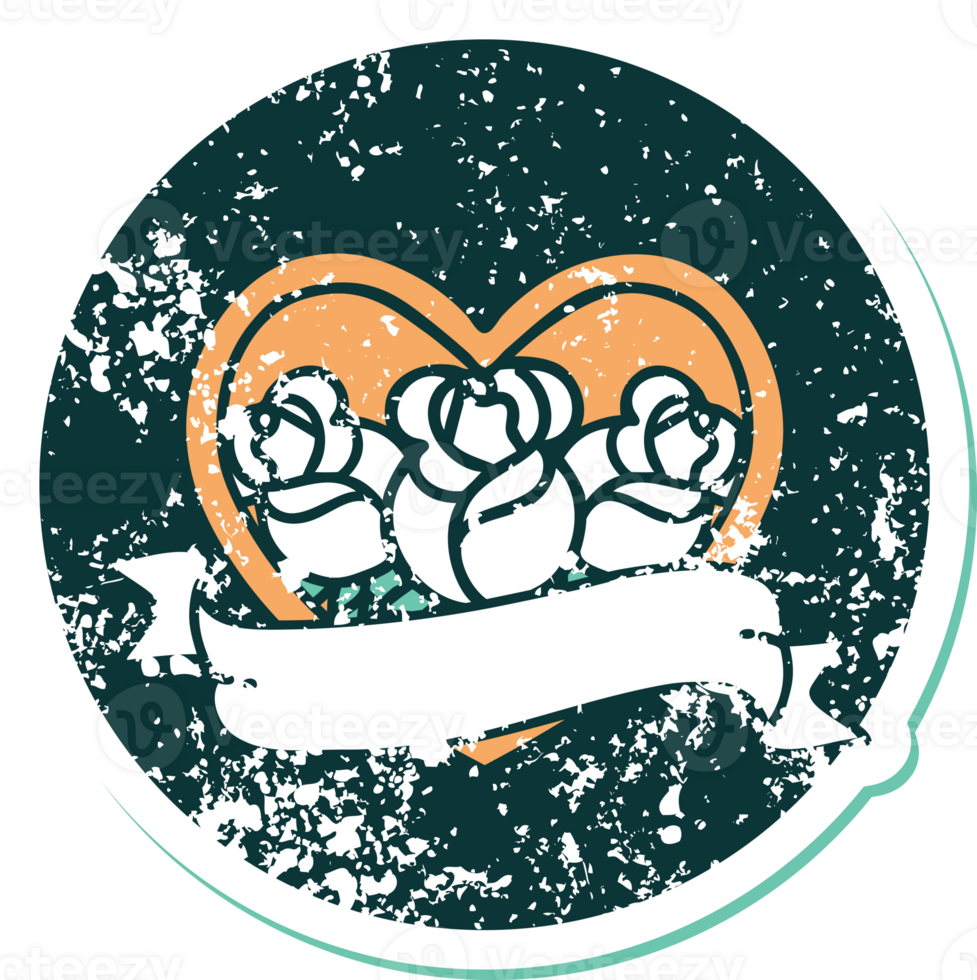 iconic distressed sticker tattoo style image of a heart and banner with flowers png