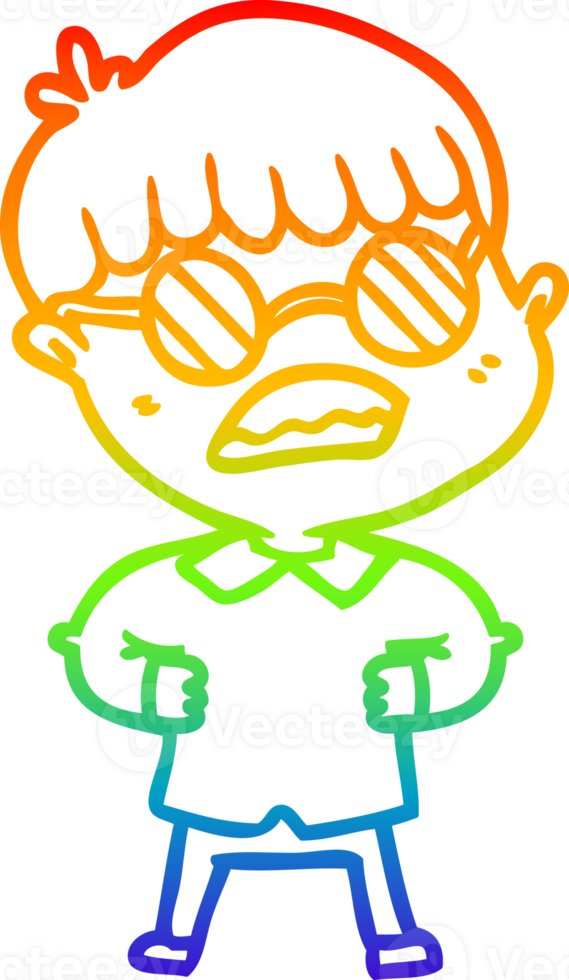 rainbow gradient line drawing of a cartoon boy wearing spectacles png