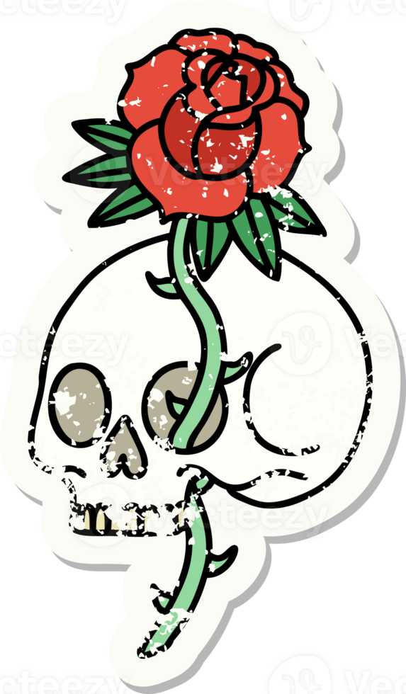 distressed sticker tattoo in traditional style of a skull and rose png