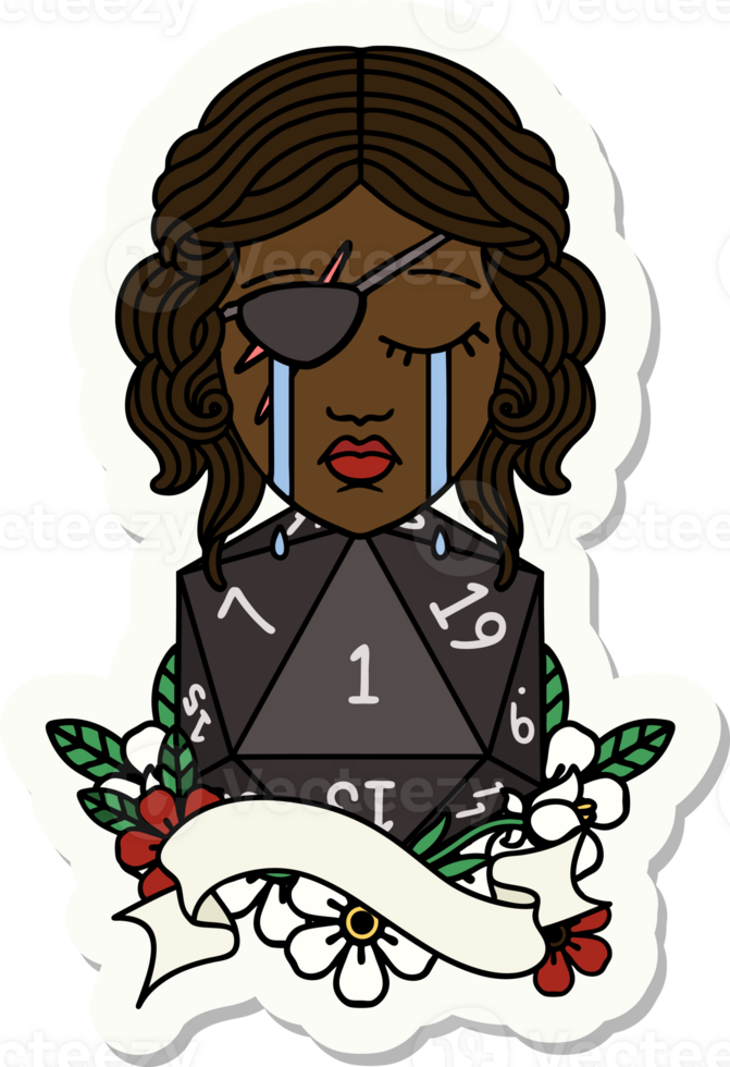sticker of a crying human rogue with natural one D20 roll png