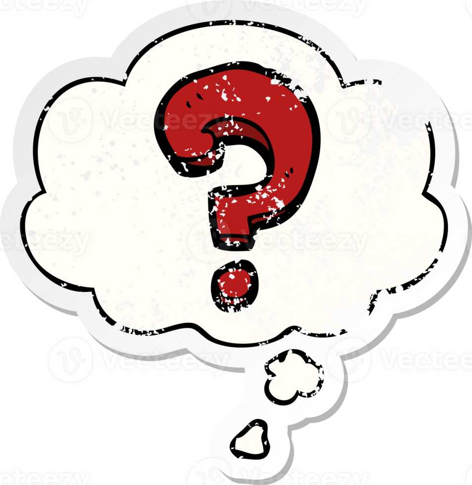cartoon question mark with thought bubble as a distressed worn sticker png