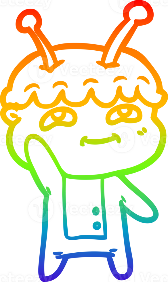 rainbow gradient line drawing of a friendly cartoon spaceman waving png