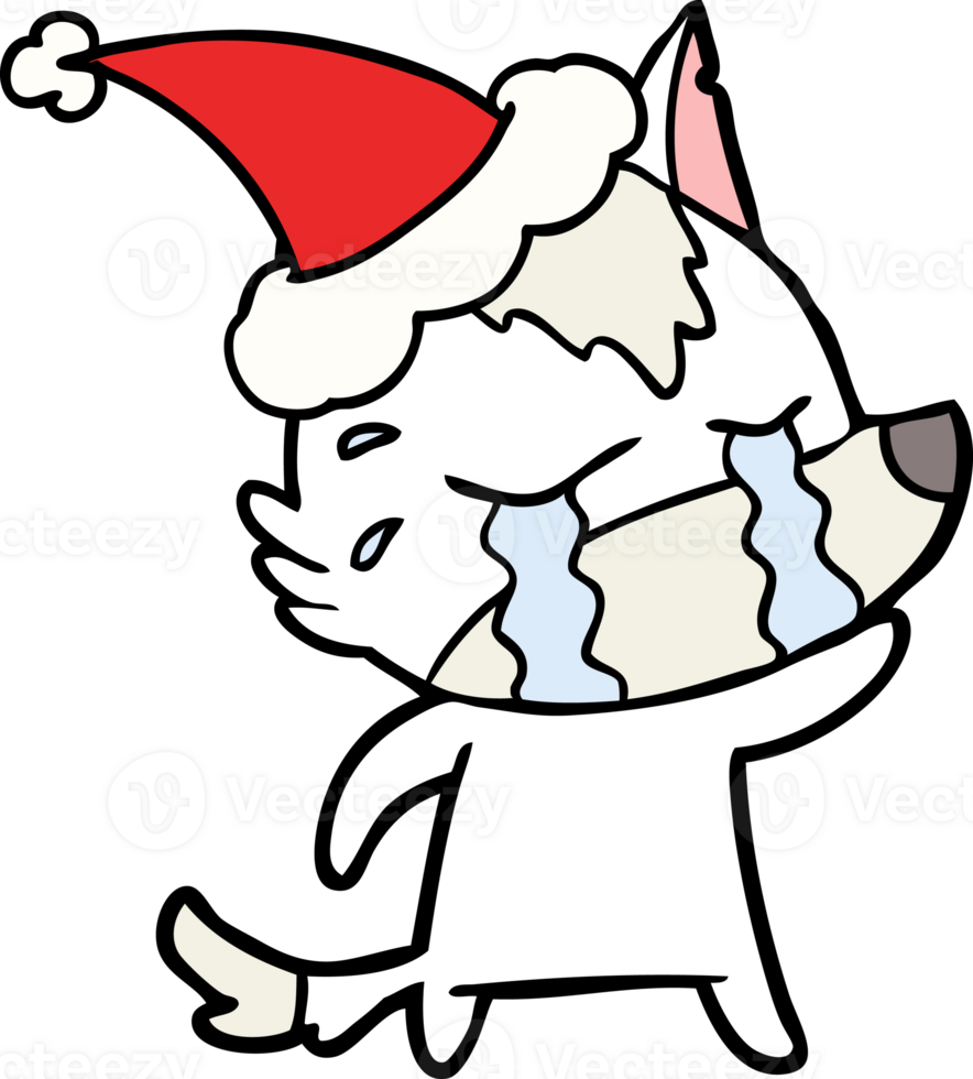 hand drawn line drawing of a crying wolf wearing santa hat png