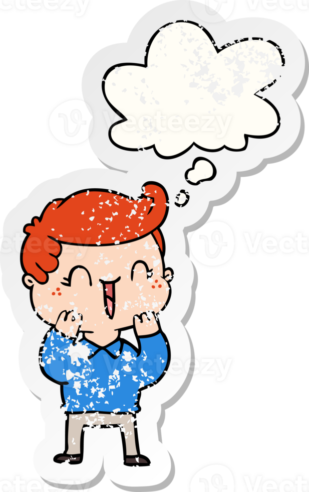 cartoon laughing boy with thought bubble as a distressed worn sticker png