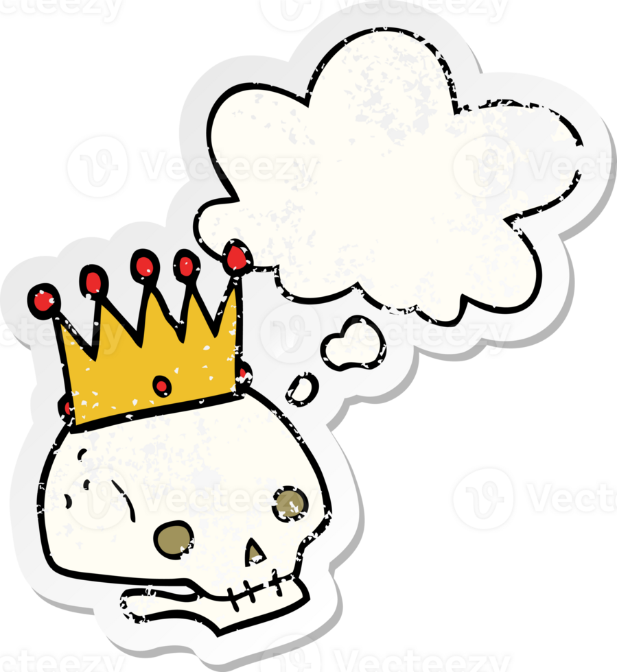 cartoon skull with crown with thought bubble as a distressed worn sticker png