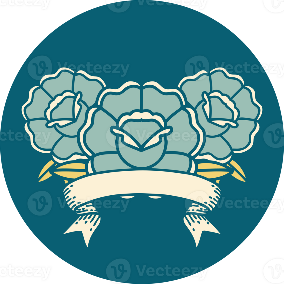 tattoo style icon with banner of a bouquet of flowers png