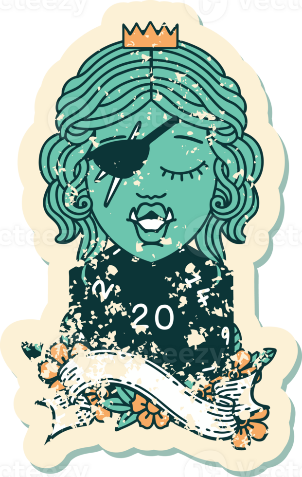 Retro Tattoo Style orc rogue character with natural twenty dice roll png