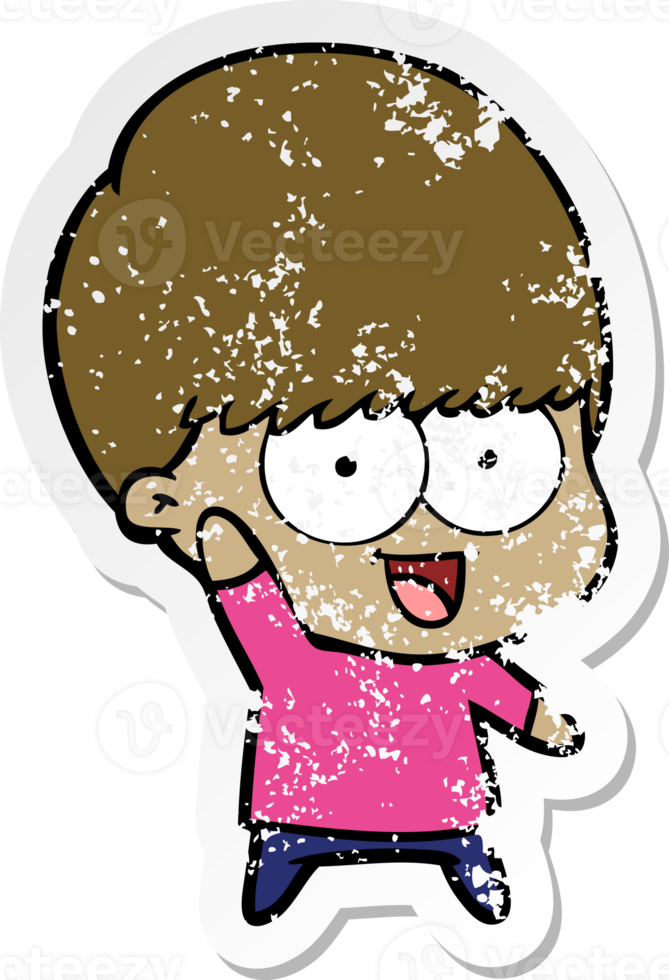 distressed sticker of a happy cartoon boy waving png