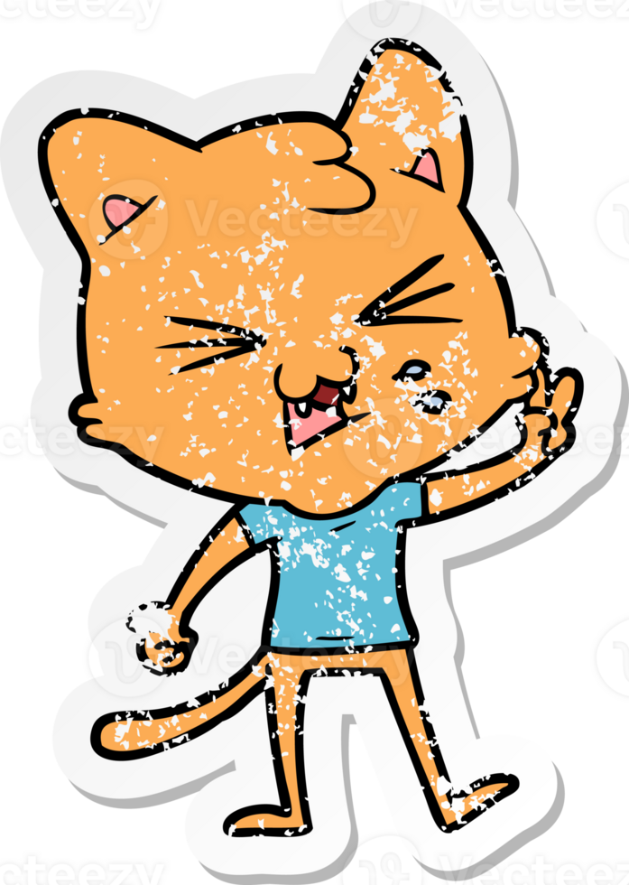 distressed sticker of a cartoon hissing cat png