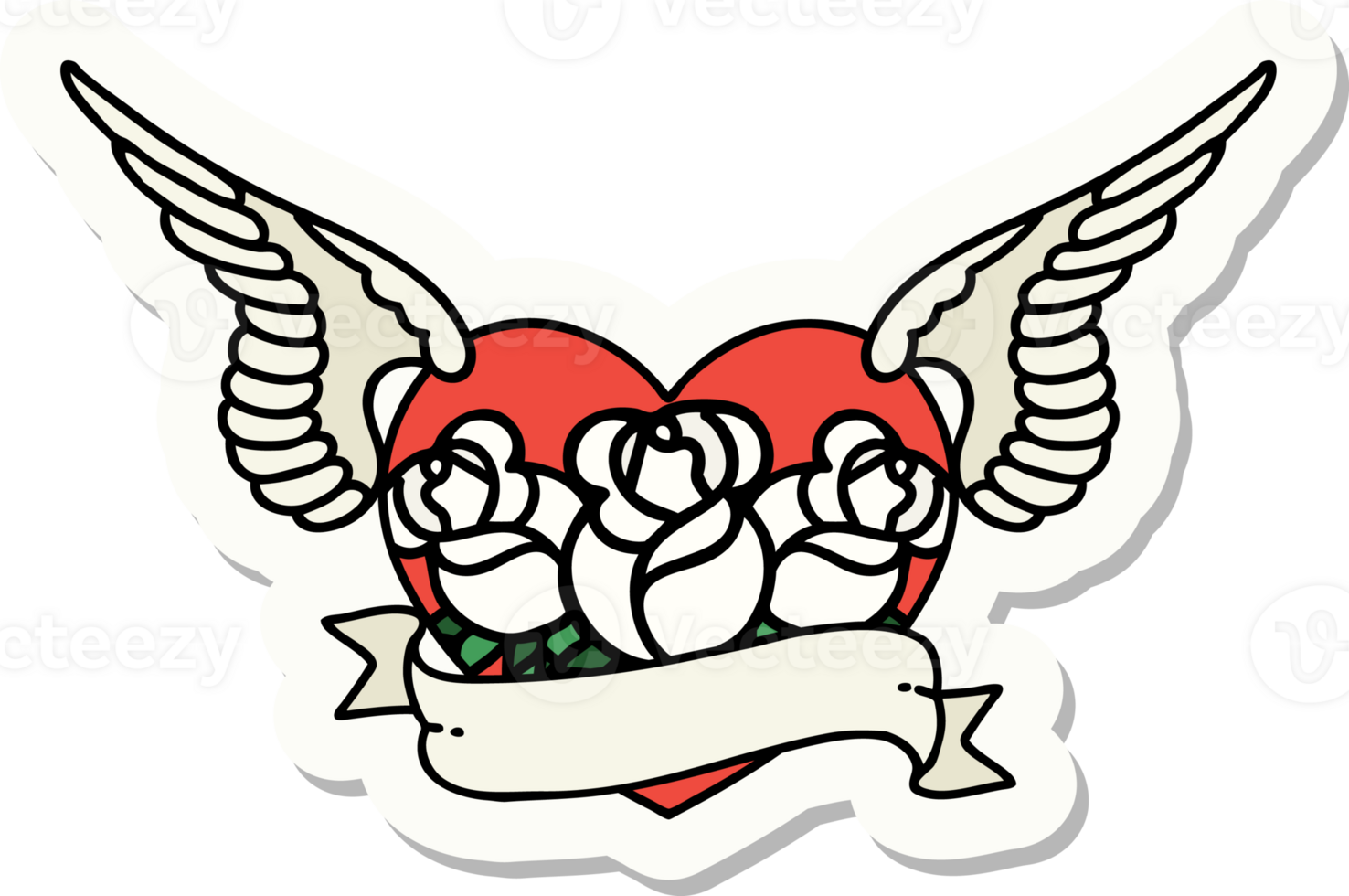 sticker of tattoo in traditional style of a flying heart with flowers and banner png