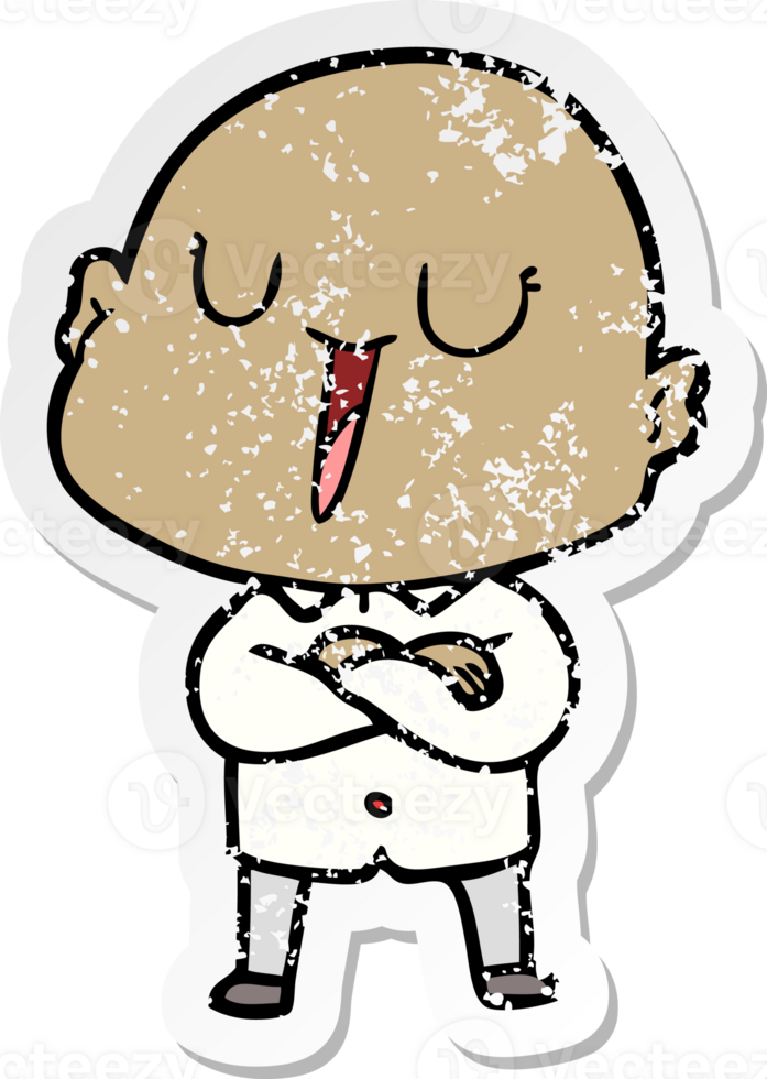 distressed sticker of a happy cartoon bald man png