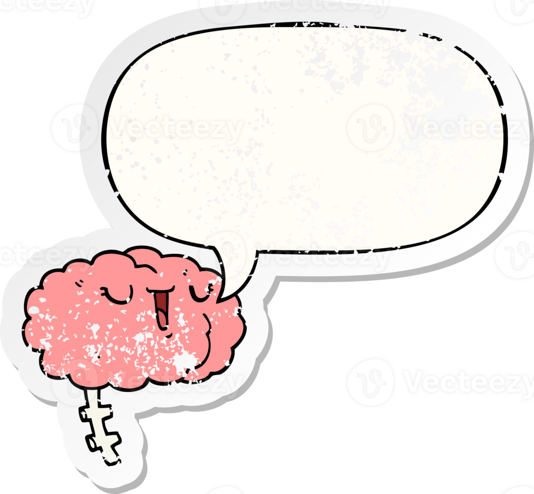 happy cartoon brain with speech bubble distressed distressed old sticker png