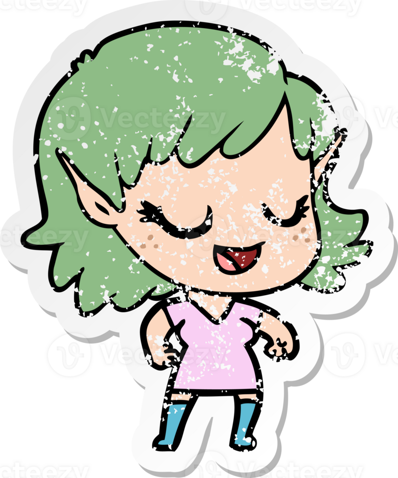 distressed sticker of a happy cartoon elf girl png