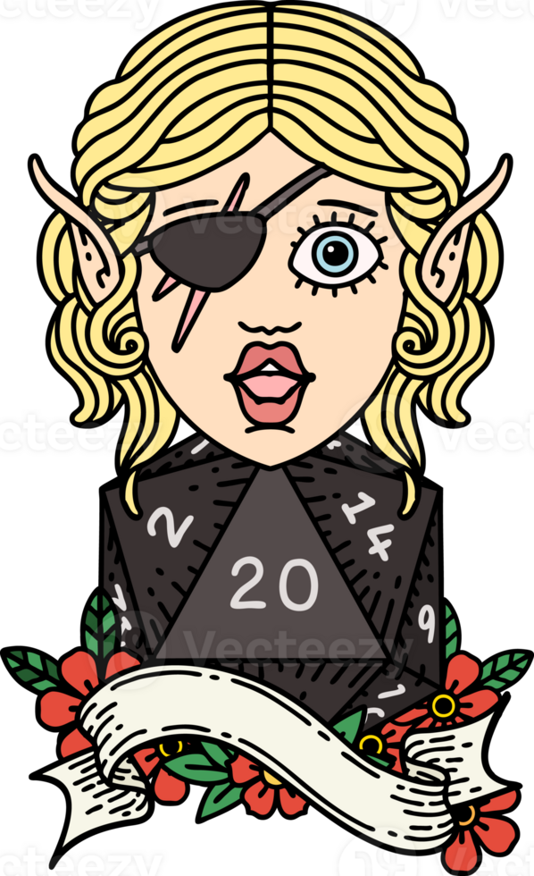 Retro Tattoo Style elf rogue with natural twenty dice roll png