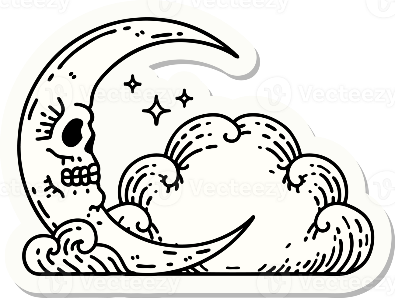 sticker of tattoo in traditional style of a skull crescent moon and clouds png