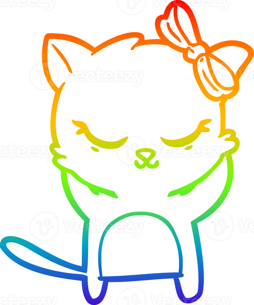 rainbow gradient line drawing of a cute cartoon cat with bow png