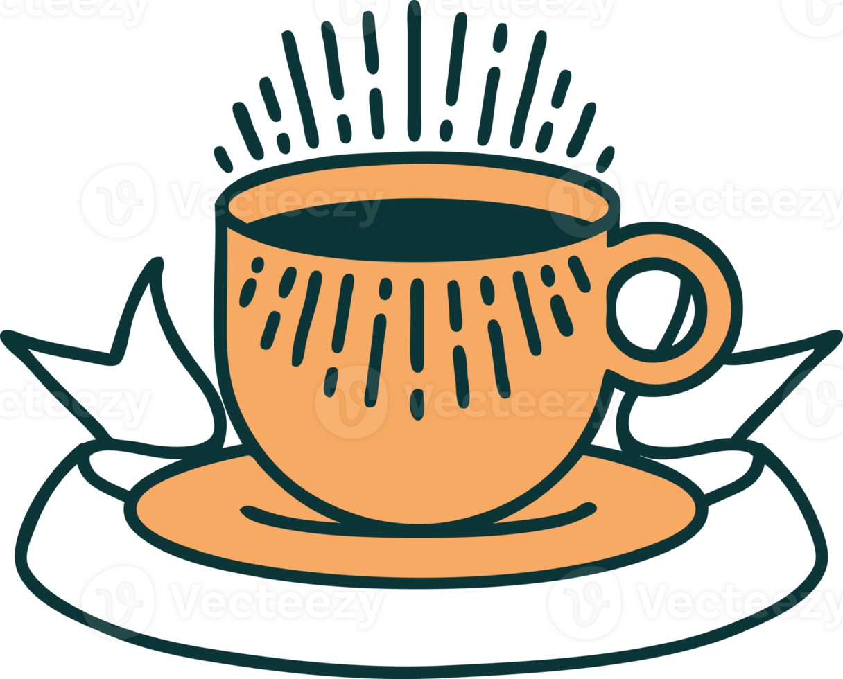 traditional tattoo with banner of cup of coffee png