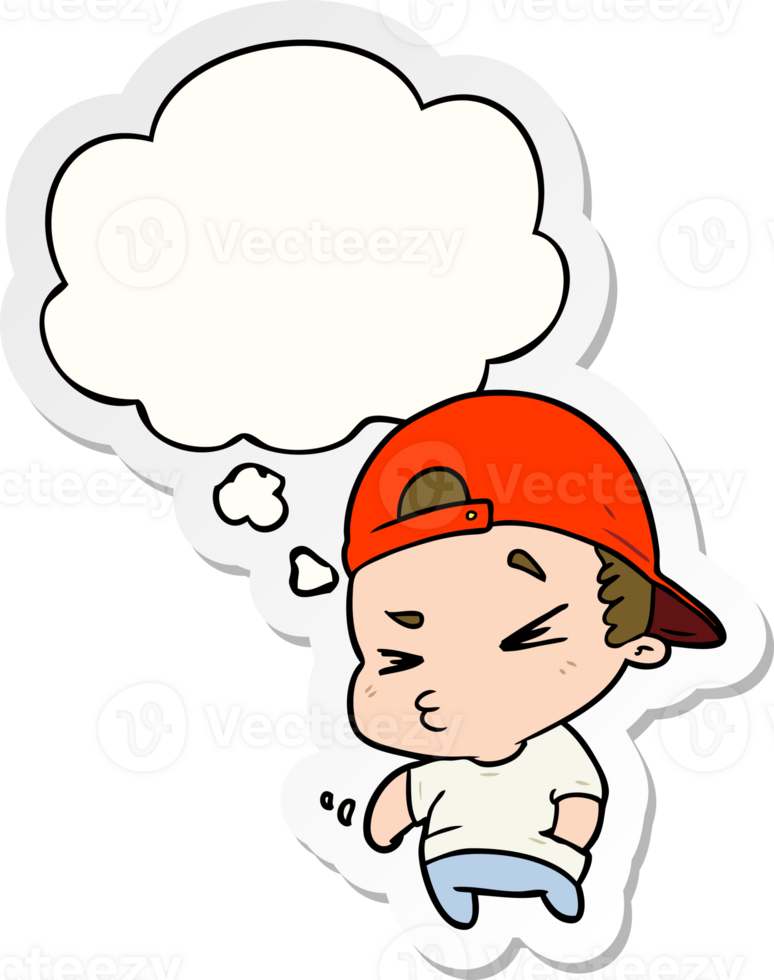 cartoon cool kid with thought bubble as a printed sticker png