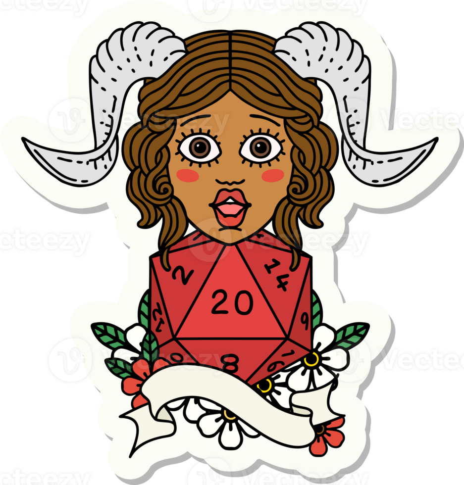 sticker of a tiefling with natural twenty dice roll png