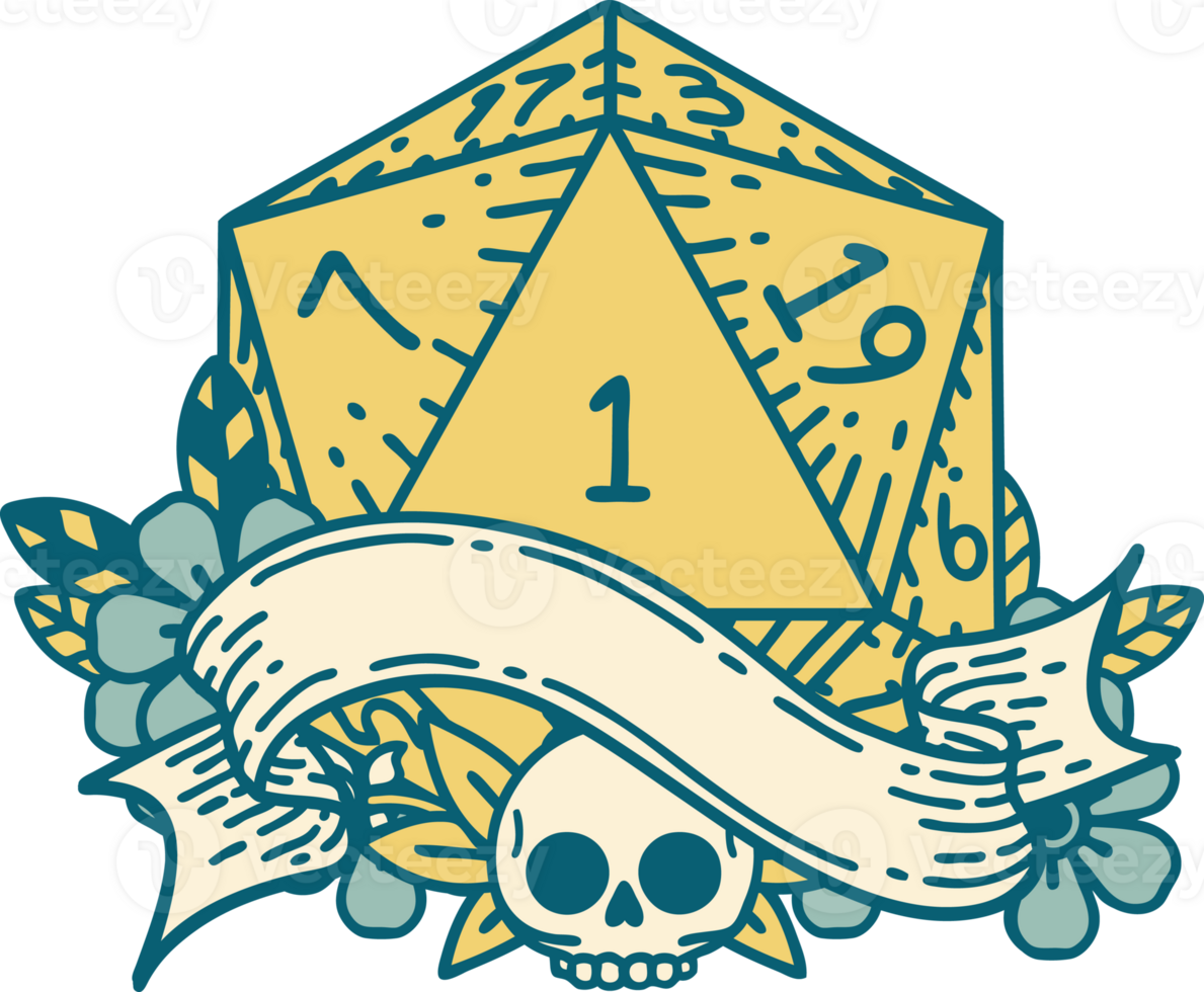 Retro Tattoo Style natural one d20 dice roll png
