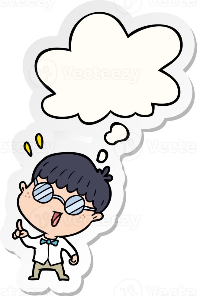 cartoon clever boy with thought bubble as a printed sticker png