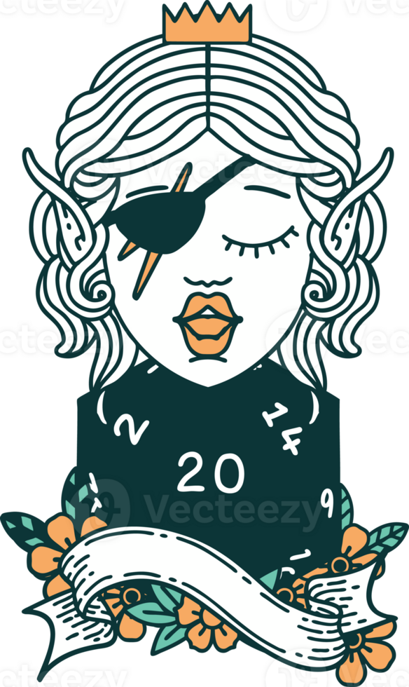 Retro Tattoo Style elf rogue with natural twenty dice roll png