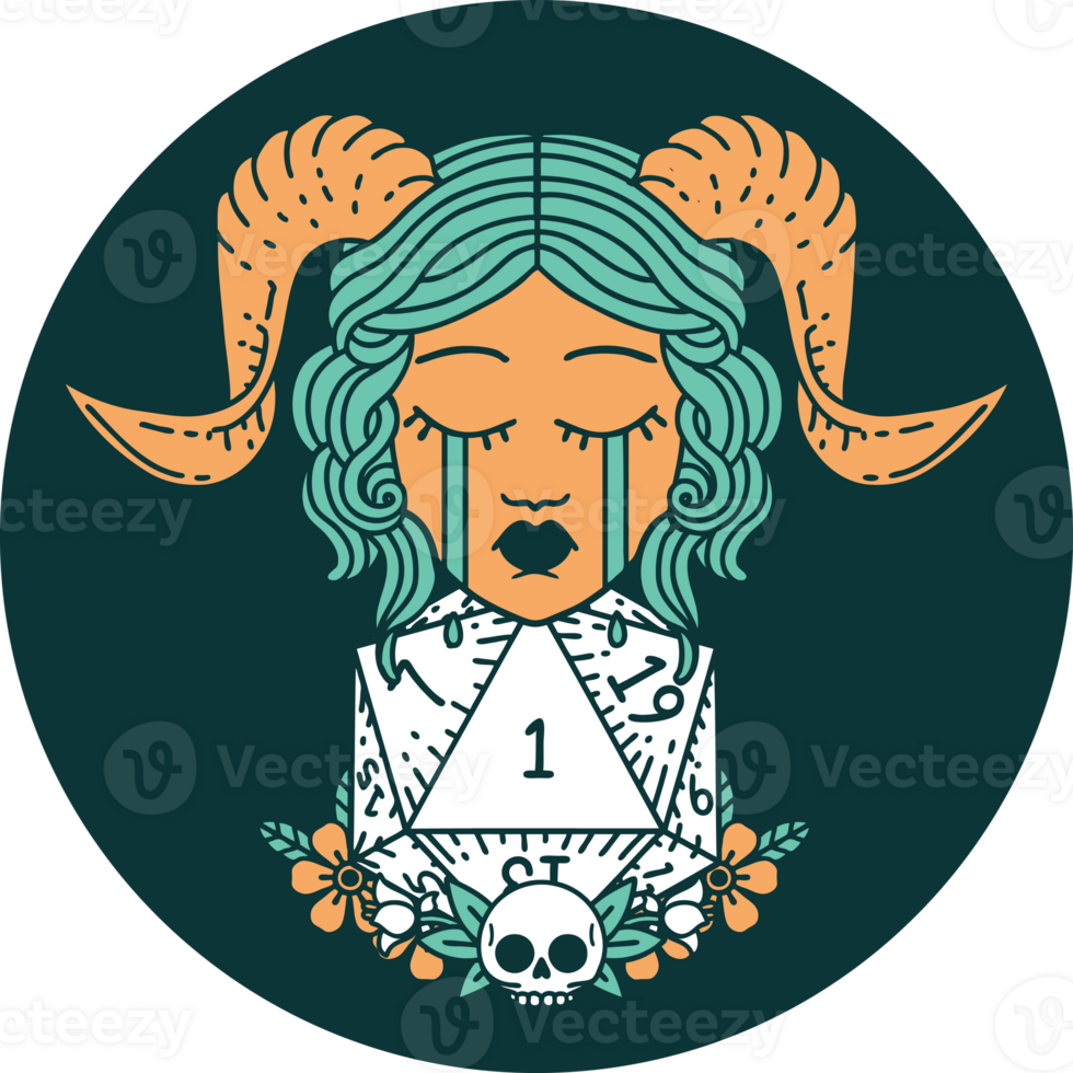 icon of crying tiefling with natural one D20 dice roll png