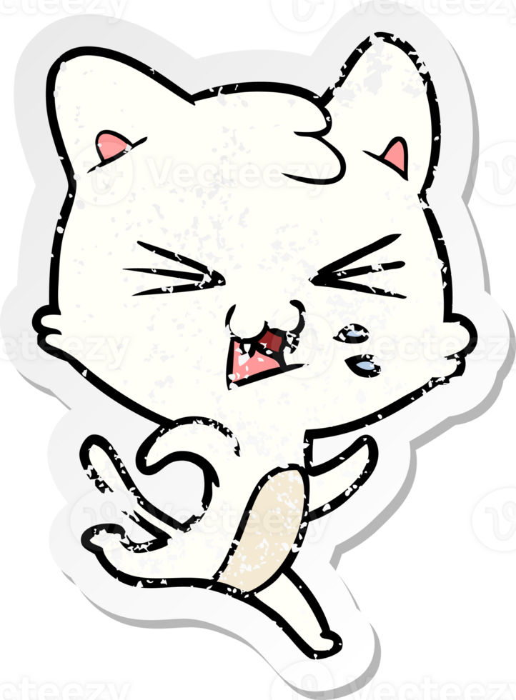 distressed sticker of a cartoon hissing cat png