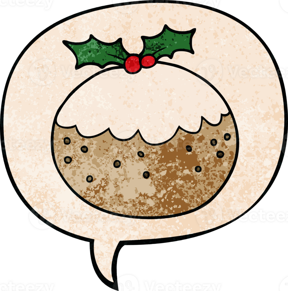cartoon christmas pudding with speech bubble in retro texture style png