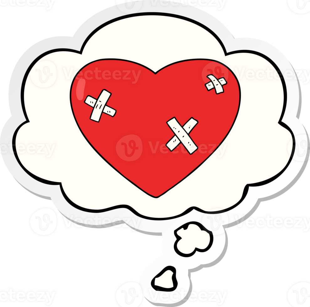 cartoon beaten up heart with thought bubble as a printed sticker png