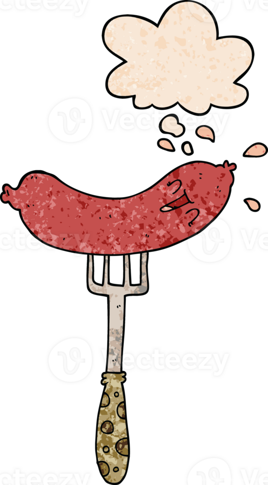 cartoon happy sausage on fork with thought bubble in grunge texture style png
