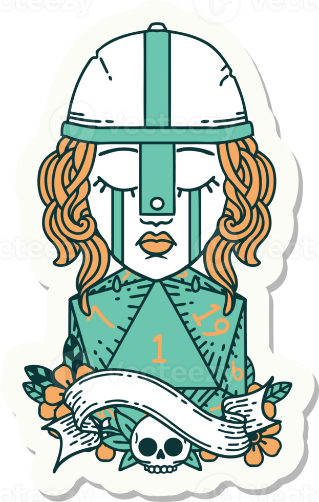 sticker of a crying human fighter with natural one D20 dice roll png