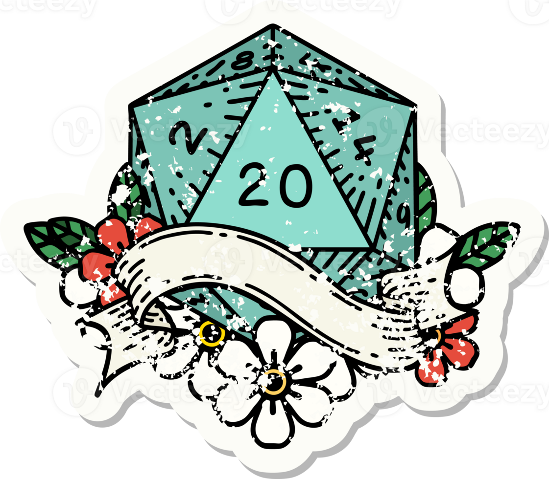grunge sticker of a natural twenty D20 dice roll png