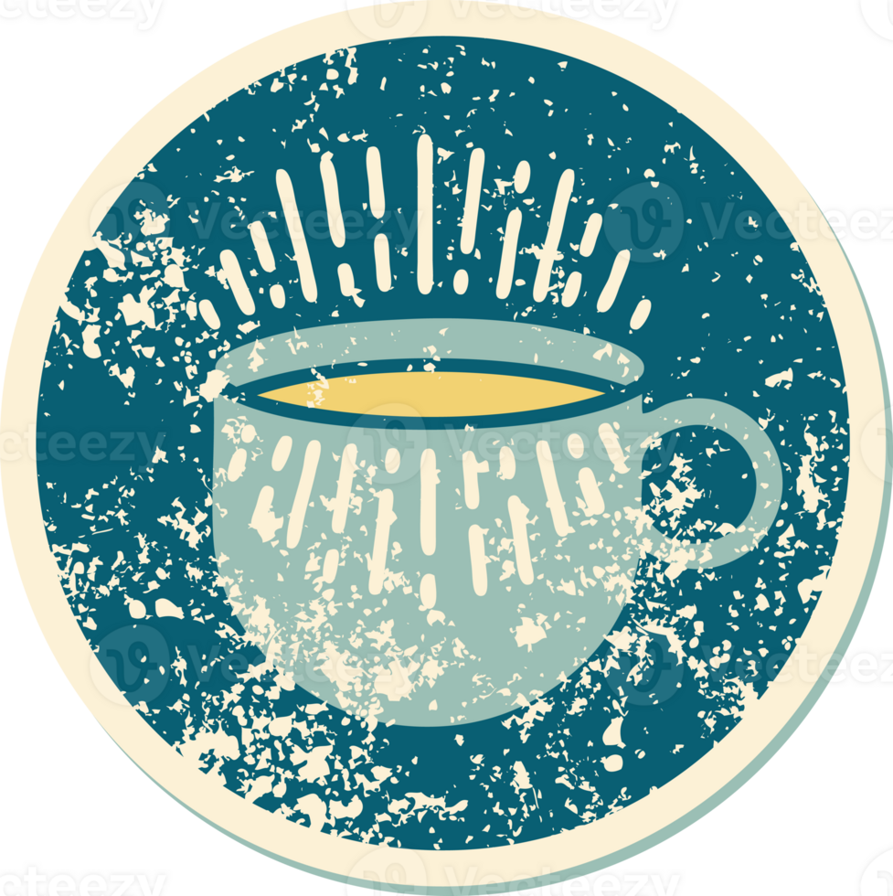 iconic distressed sticker tattoo style image of cup of coffee png