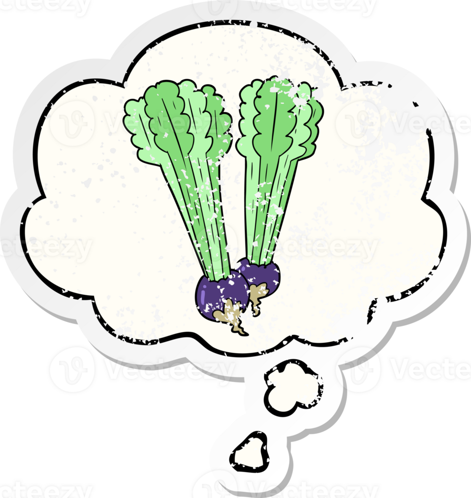 cartoon beetroot with thought bubble as a distressed worn sticker png