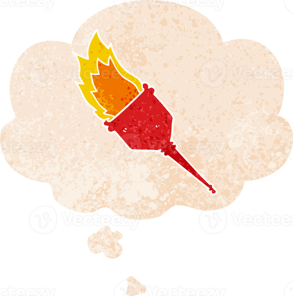 cartoon flaming torch with thought bubble in grunge distressed retro textured style png