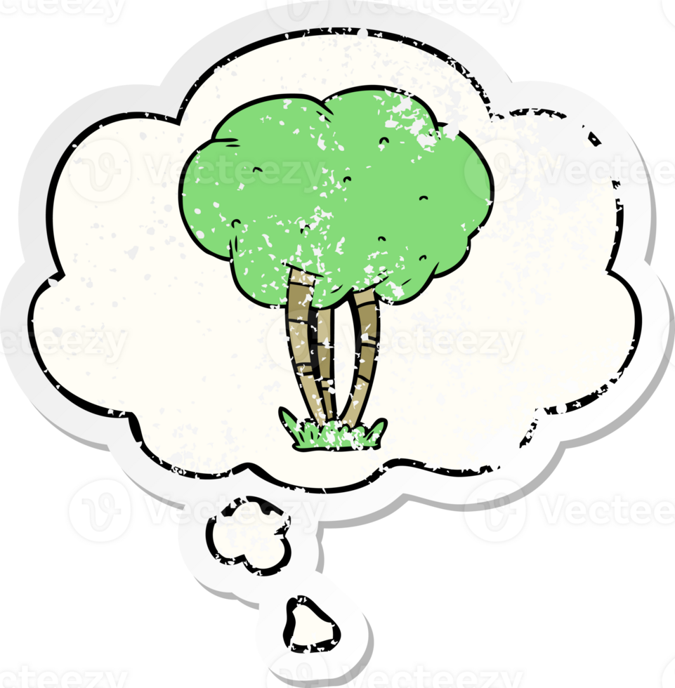 cartoon tree with thought bubble as a distressed worn sticker png
