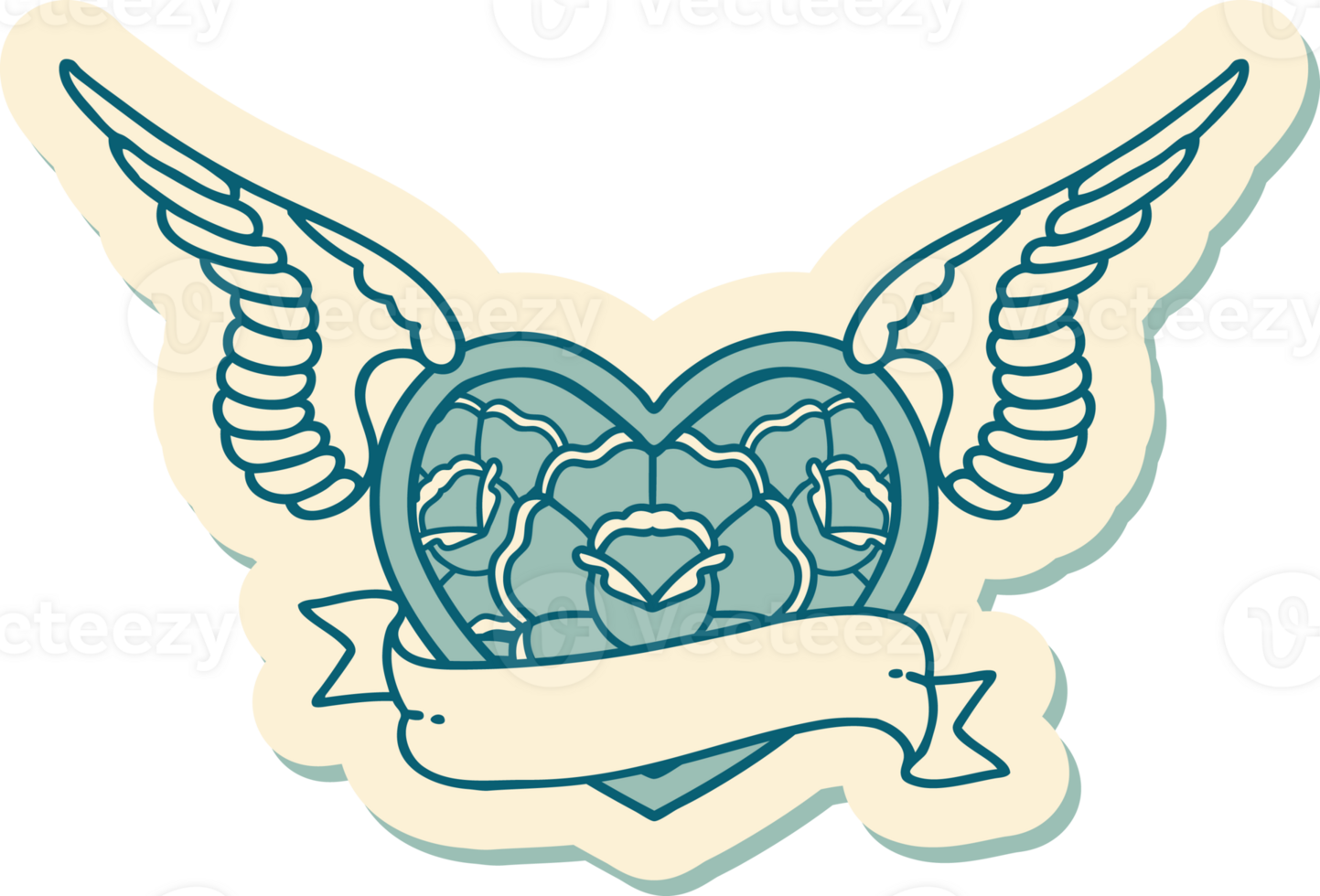 sticker of tattoo in traditional style of a flying heart with flowers and banner png